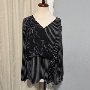 Alfani Black Women's Size L‎ Chain Stripe Wrap V Neck Long Sleeve Blouse Top